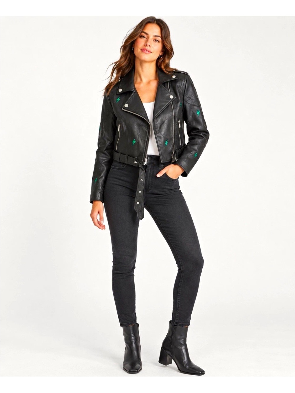 Women’s Black Leather Moto Jacket with Green Bolt Accents